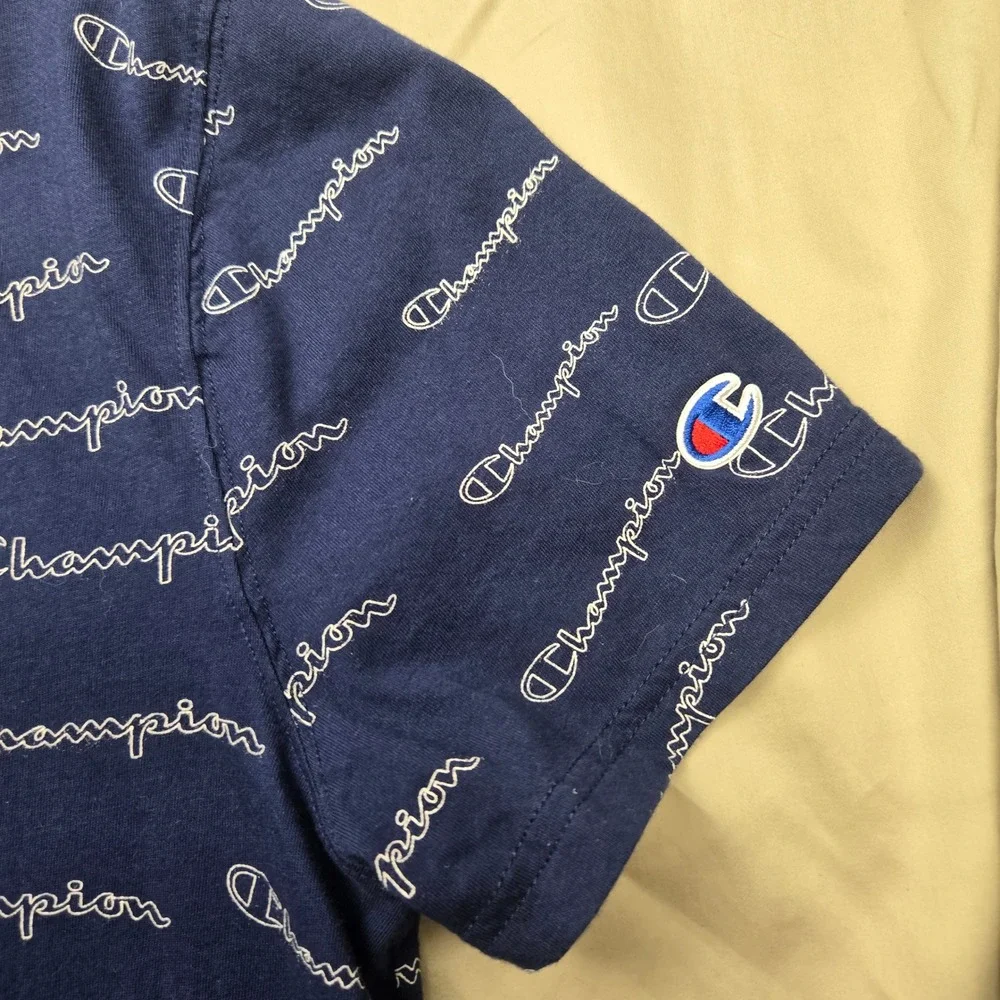 Champion Mens Navy Blue All Over Script Logo Print T-Shirt Medium Crewneck Tee - Picture 4 of 9